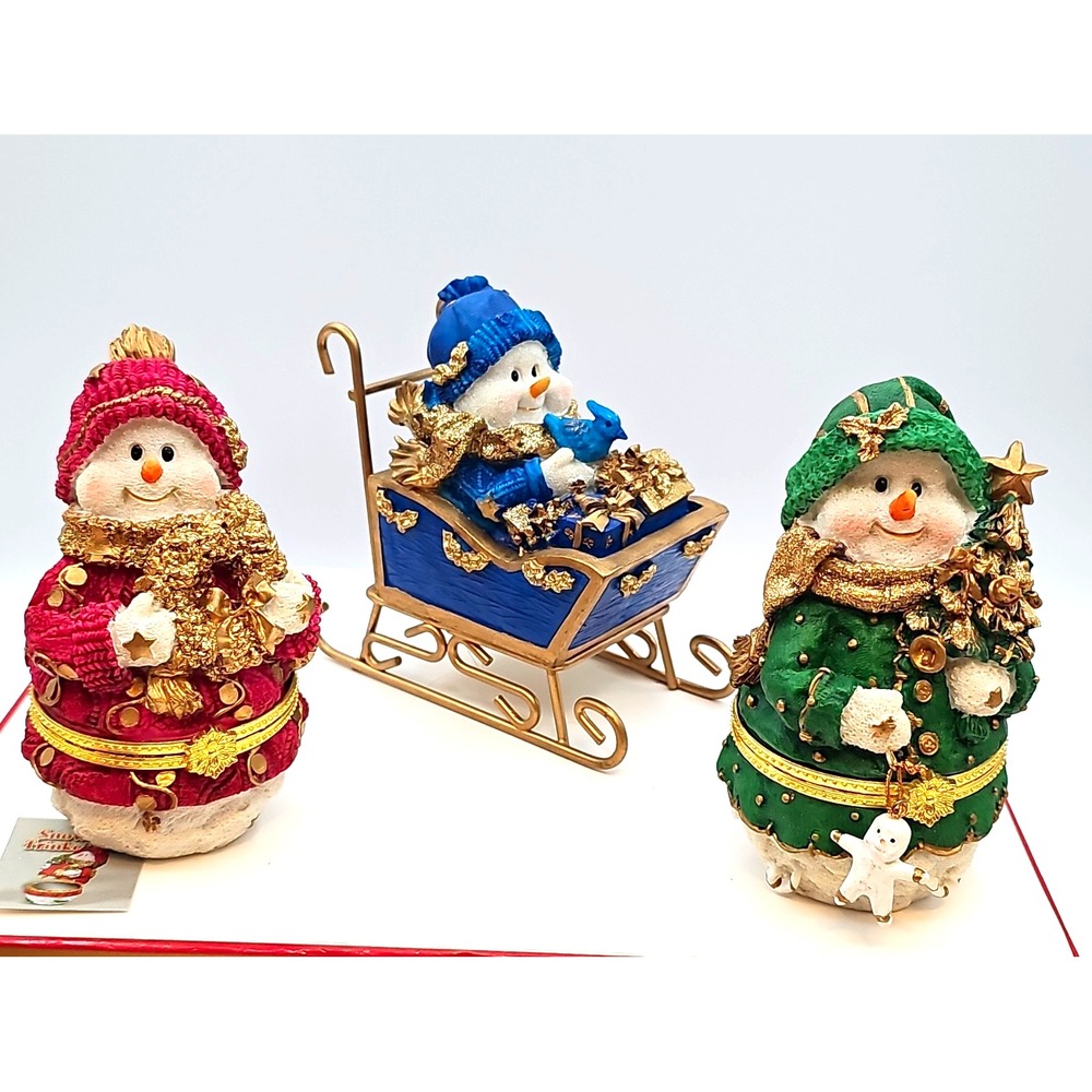 Vintage 2001 Joelson Industries Snowman Trinket Box Set & Sleigh XR2901-24J 3pc